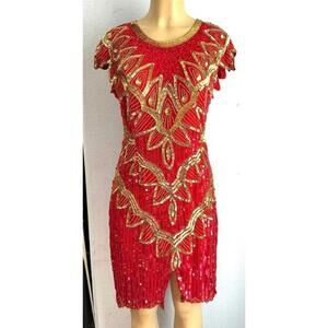 Sequin Lace Beaded Dress Red Gold size S only